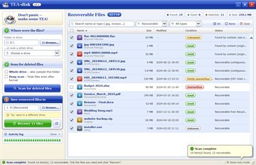 TEA-disk main window listing recoverable photos, videos and documents